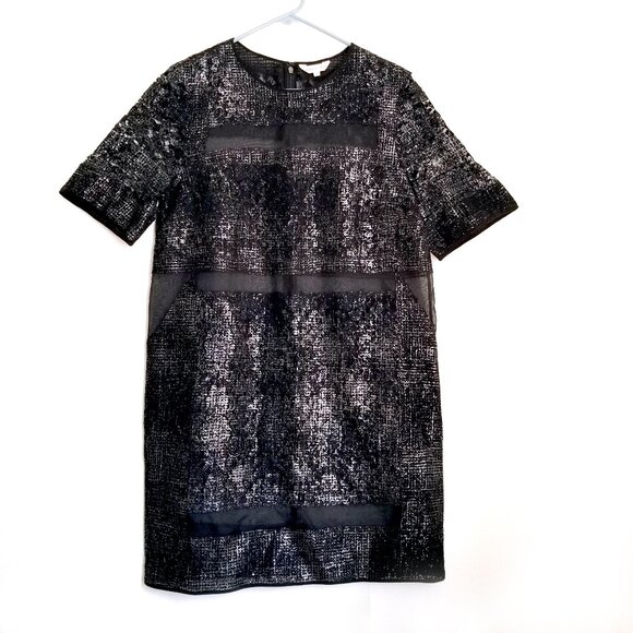 Rebecca Taylor Shiny LBD Dress Size 8 Semi Sheer Black Mesh Short Sleeves - Picture 1 of 14